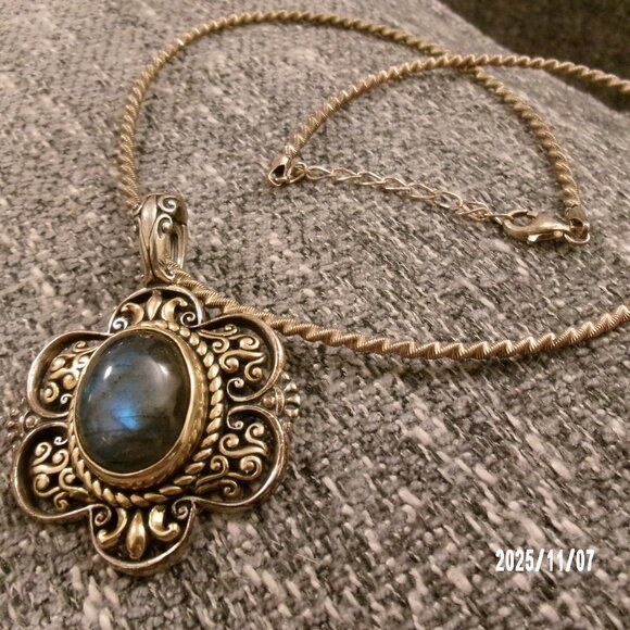 Carolyn Pollack Relios 925 Sterling & Brass 2" Labradorite Pendant 28g & Chain - Picture 1 of 12